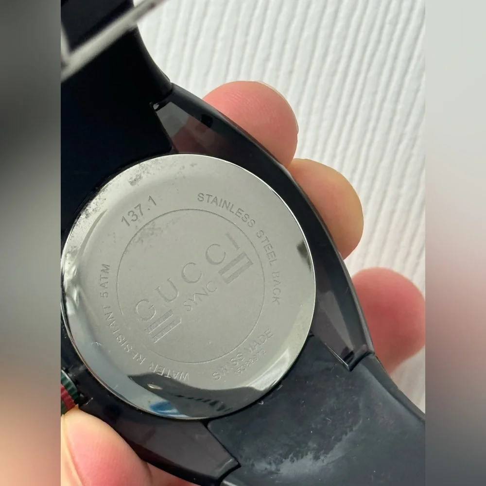 Gucci Swiss Made Black Stainless Steel & Rubber Watch Preloved Boxed Monogram